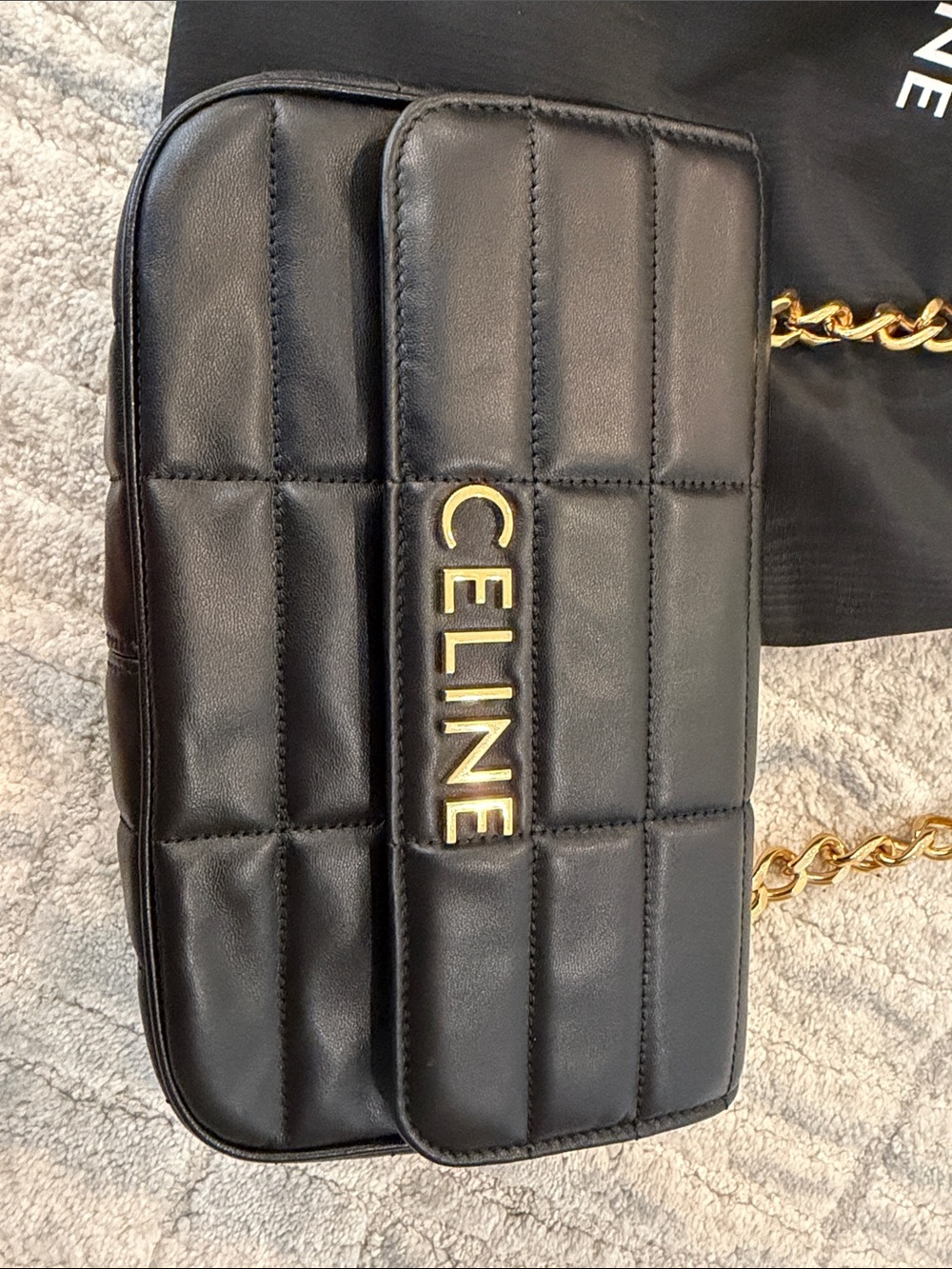 Celine Matelasse MonochromeQuilted Leather Shoulder Bag in Black with Gold Chain - Picture 3 of 15